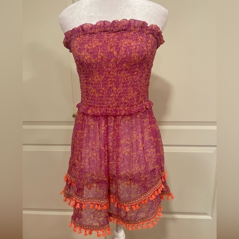 Ramy Brook orange and pink paisley smock top strapless sheer dress​​​​​​​​​​​